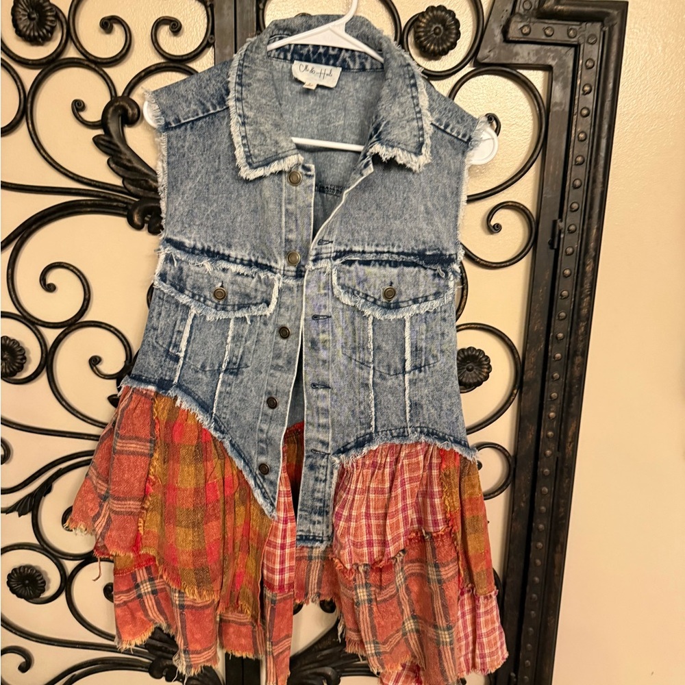 Oli & Hali Blue Denim Vest with Red Plaid Ruffle